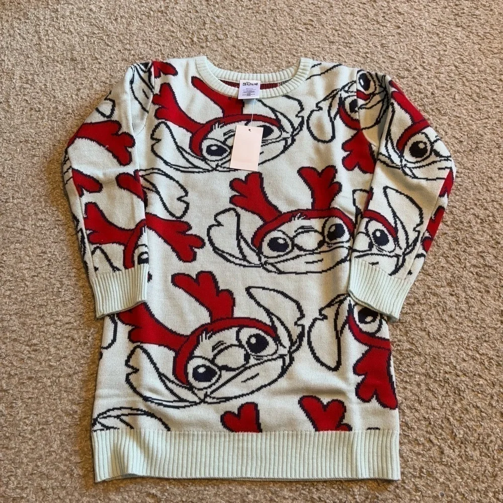 Disney Stitch Christmas Sweater Dress NEW Blue Red Reindeer Ears 6/6X